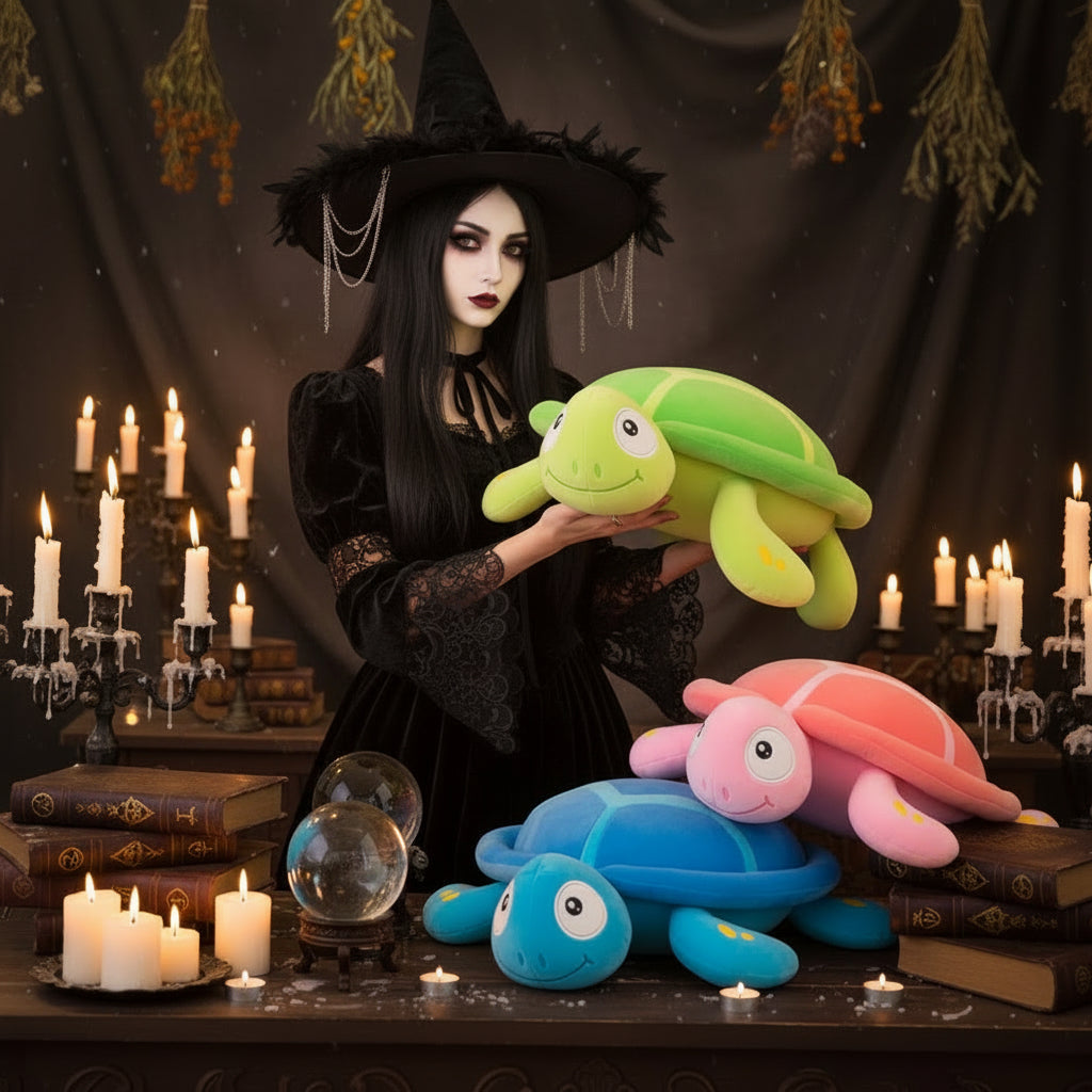 Woman holding a green plush turtle with more turtles on a table in a cozy room.