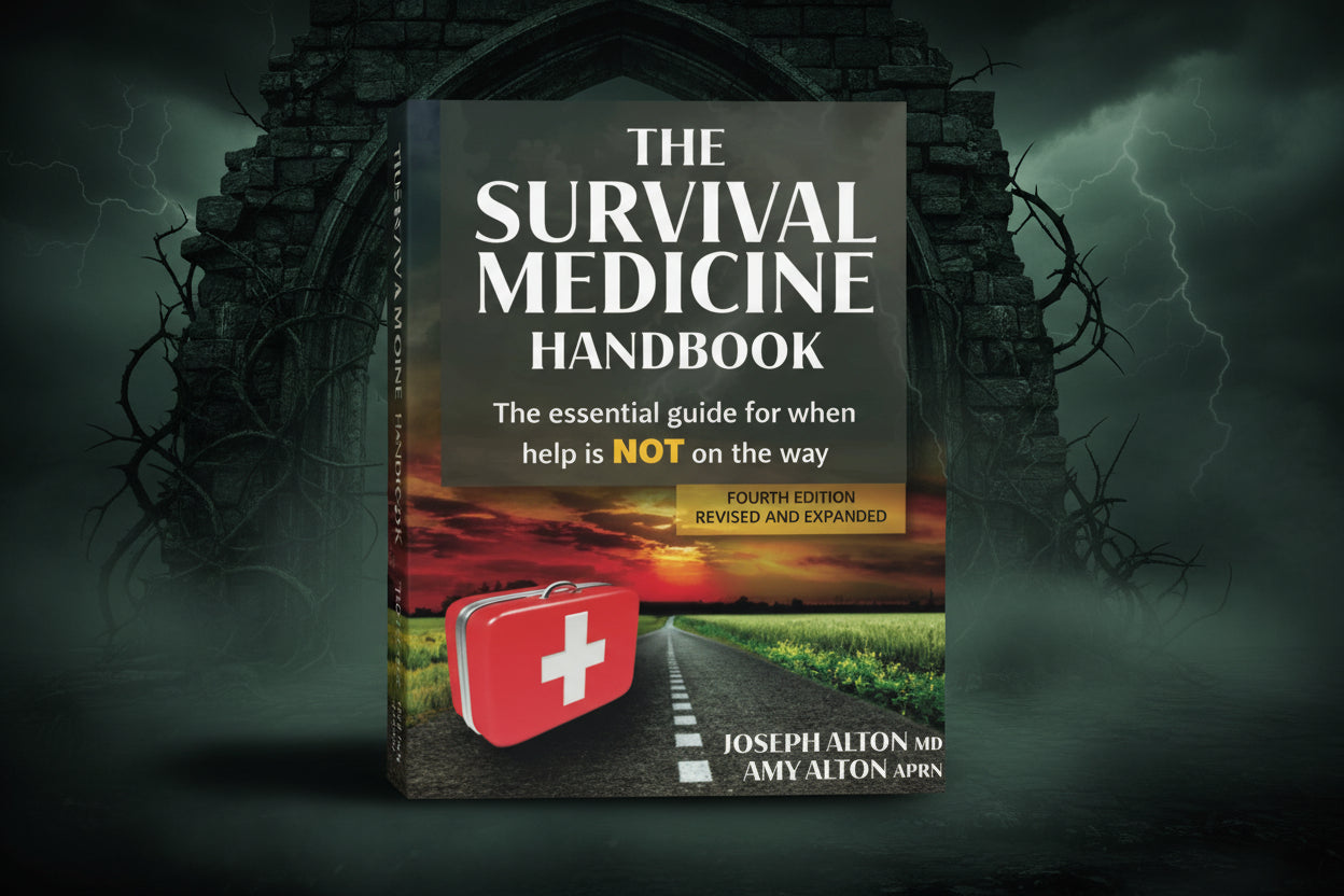 Book cover of 'The Survival Medicine Handbook' with a road and first aid kit graphic.