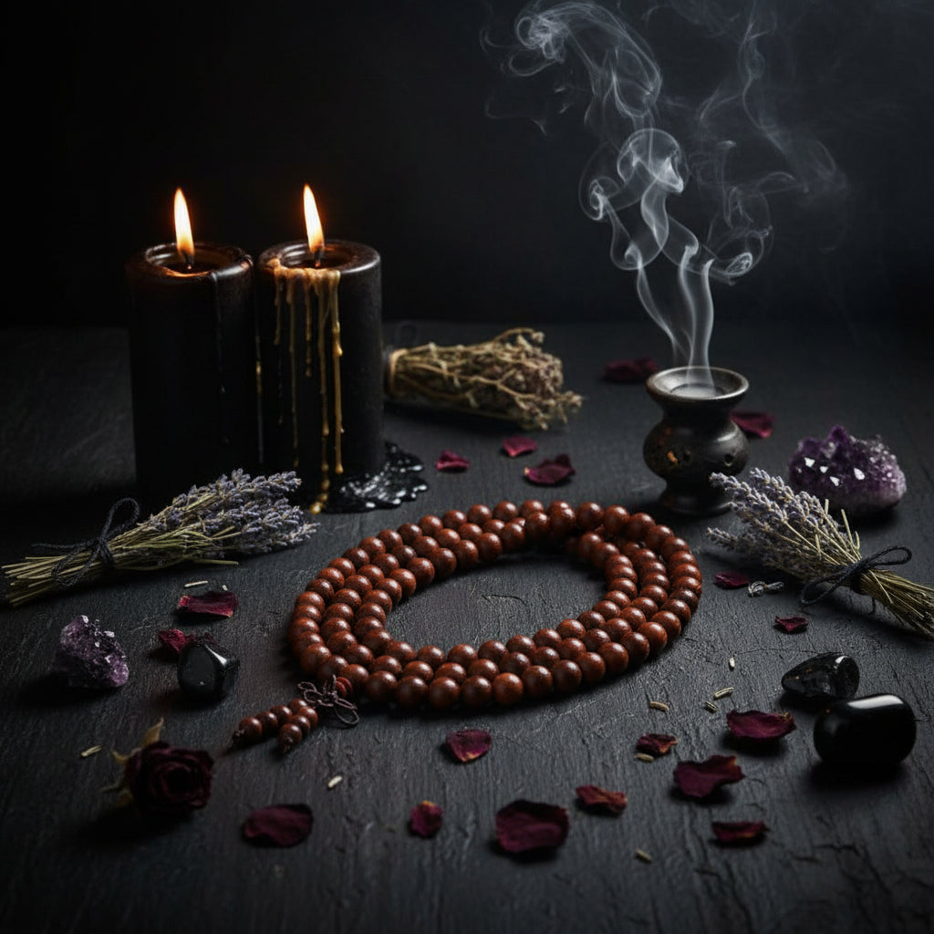 Wooden beaded necklace on a gray surface