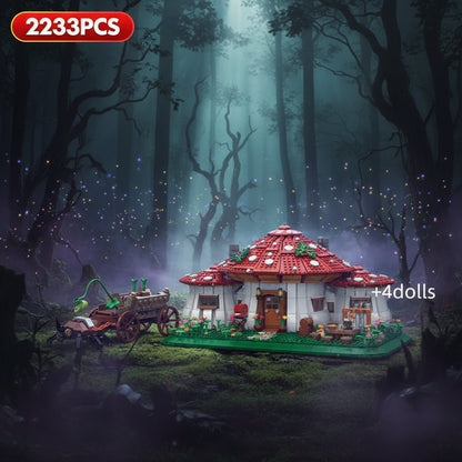 Toy building set with red mushroom roofs and various accessories on a white background