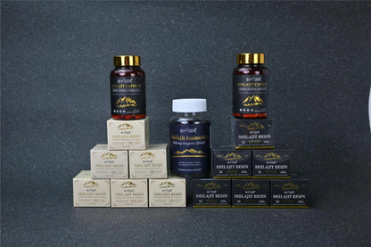 Collection of Shilajit resin products on a dark background