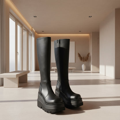 Black knee-high boots on a light gray background