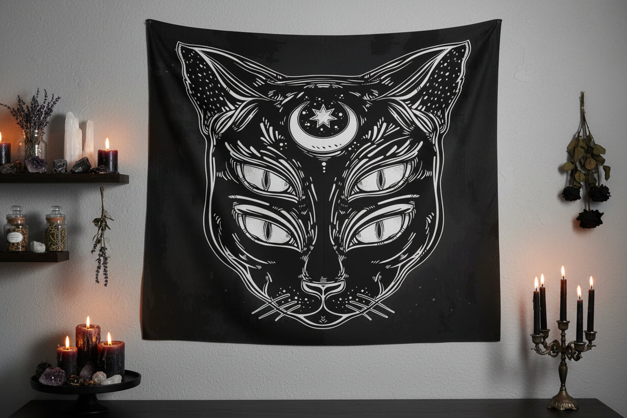 Digital Print Wall Tapestry - Cat Design Sorceress Sanctuary