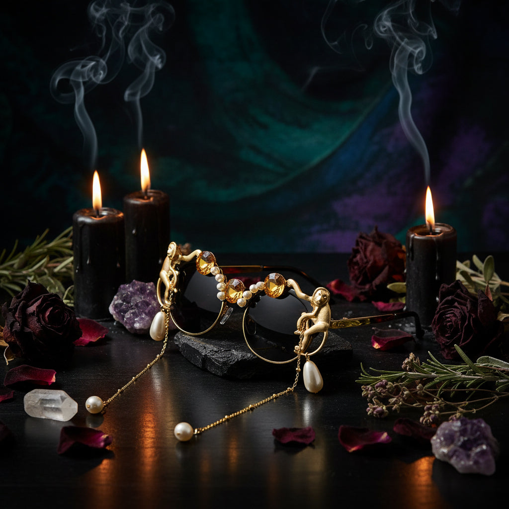 Decorative sunglasses with gold frames, gemstones, and a chain on a white background