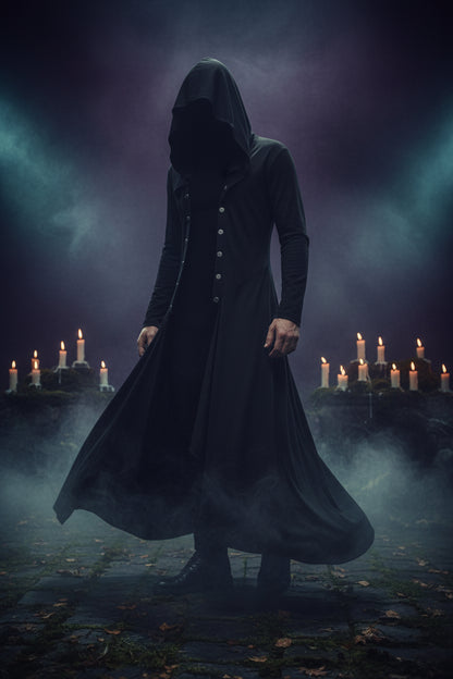 Black hooded coat on a white background