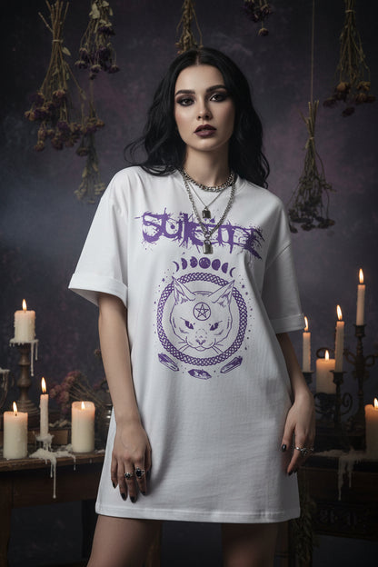 Person wearing a white t-shirt with purple graphic design and text.
