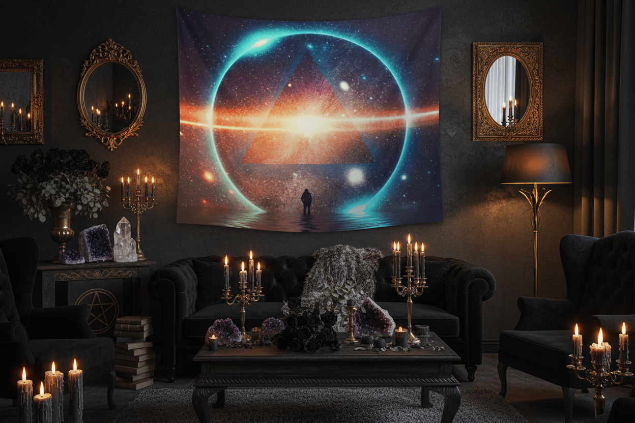 Tapestry with a cosmic design featuring a pyramid and triangular portal.