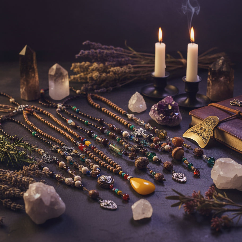 Collection of beaded necklaces on a textured fabric background