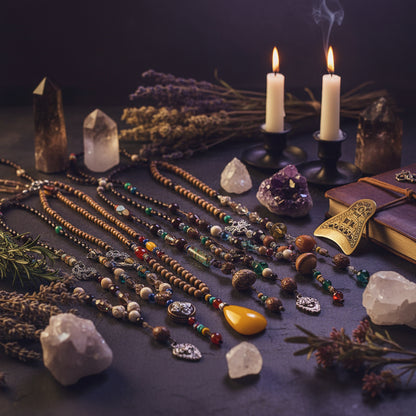 Collection of beaded necklaces on a textured fabric background