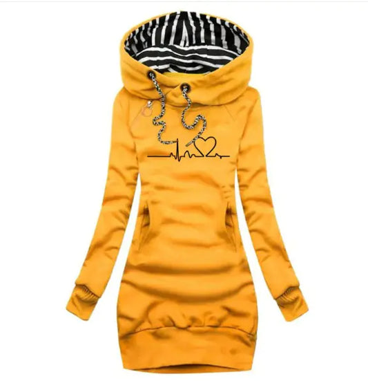 Yellow hoodie dress with a heart and line design on a white background