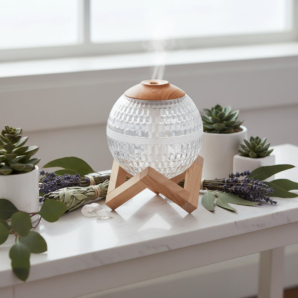 Spherical crystal lamp with wooden base and top on a white background