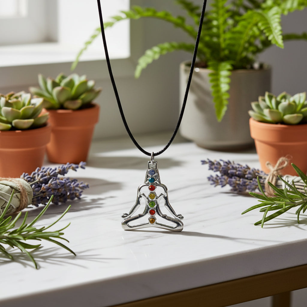 Silver yoga pendant with colorful stones on a white background