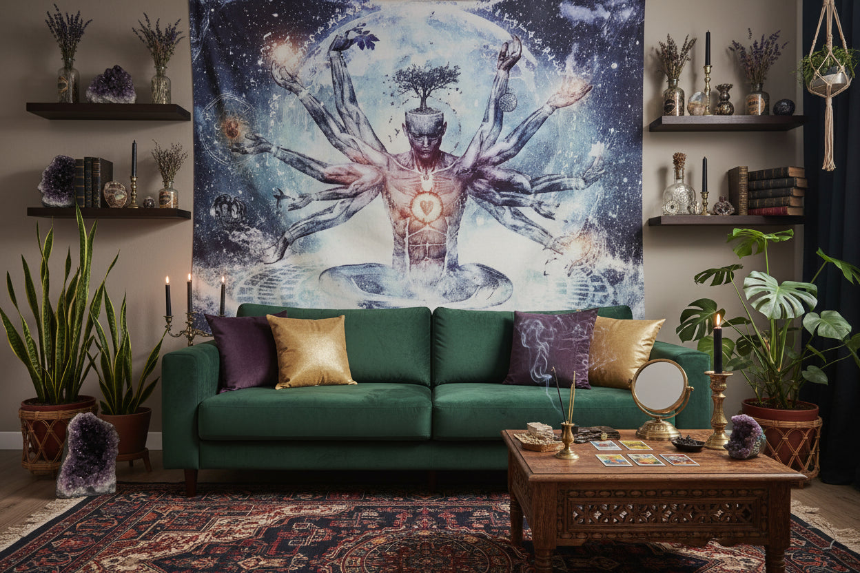 Tapestry with a cosmic design of a multi-armed figure in a living room.