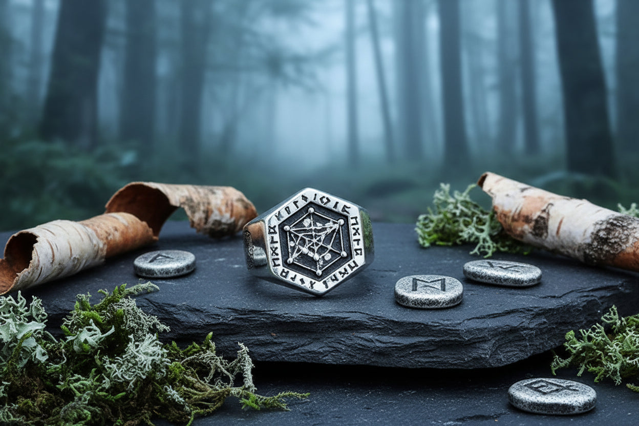Silver nordic ring with geometric design on a wooden surface