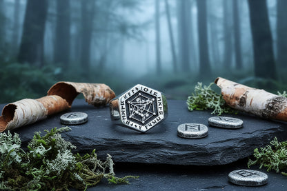Silver nordic ring with geometric design on a wooden surface