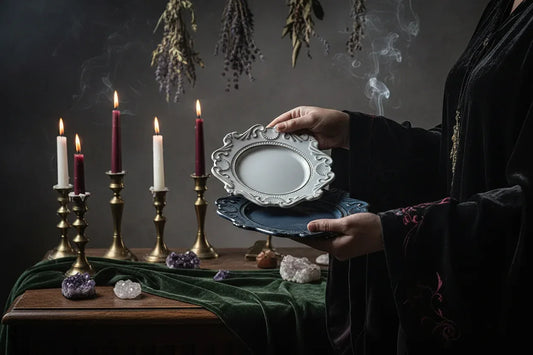 Altar Offering Set - Sorceress Sanctuary Baroque plate blue 6 inches-Baroque plate blue 8 inches-Baroque plate blue 10 inches-Baroque blue large bowl-Baroque blue trumpet bowl