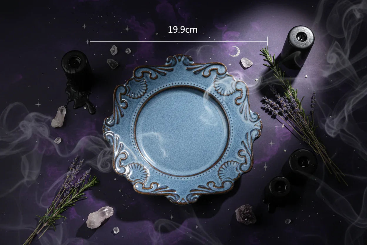 Altar Offering Set - Sorceress Sanctuary Baroque plate blue 6 inches-Baroque plate blue 8 inches-Baroque plate blue 10 inches-Baroque blue large bowl-Baroque blue trumpet bowl