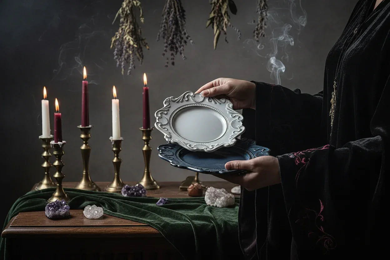 Altar Offering Set - Sorceress Sanctuary Baroque plate blue 6 inches-Baroque plate blue 8 inches-Baroque plate blue 10 inches-Baroque blue large bowl-Baroque blue trumpet bowl