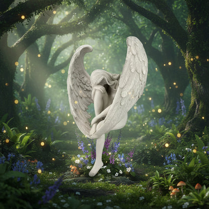 Statue of an angel with outstretched wings on a white background