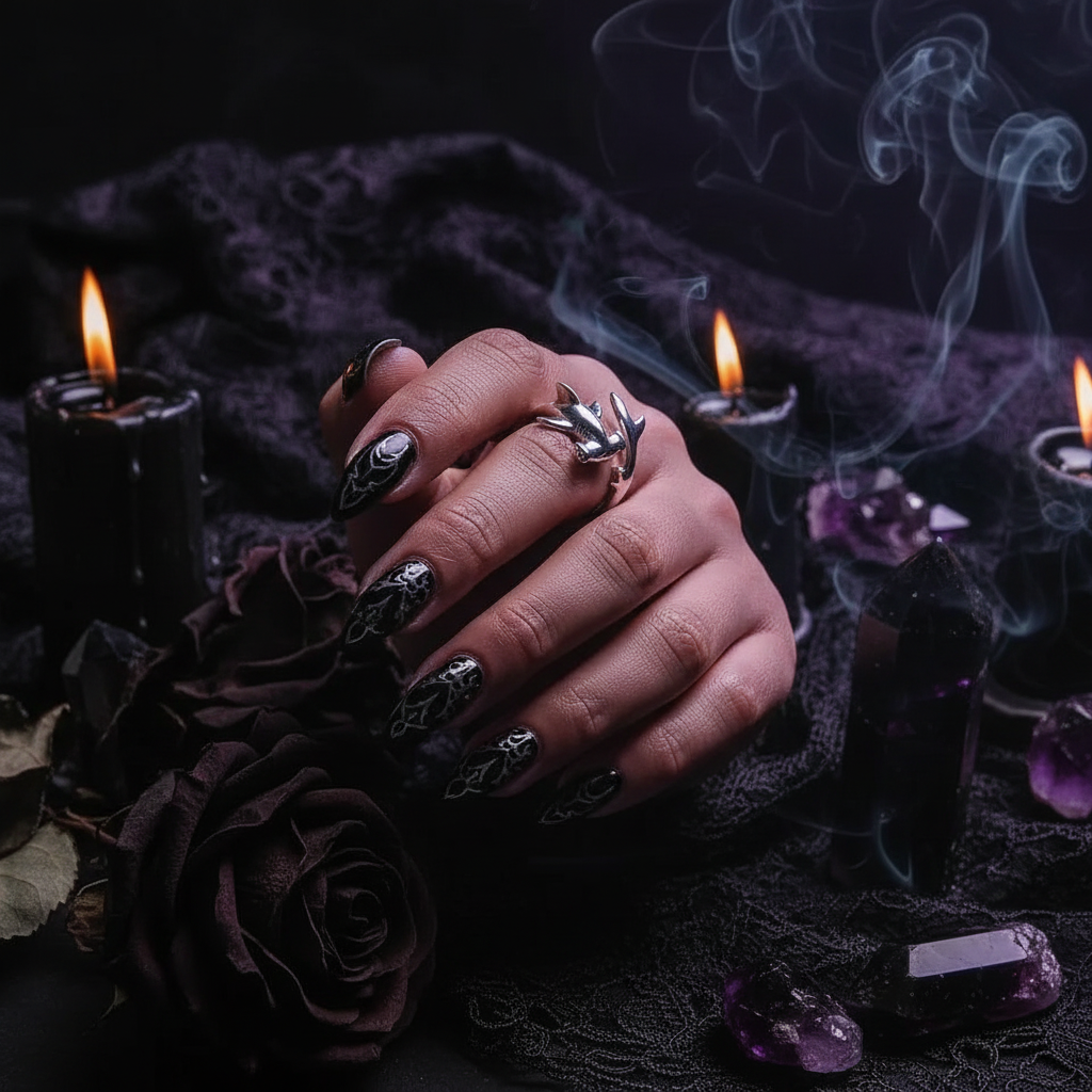 Hand with ornate nails and shark rings holding a small object, surrounded by candles and crystals on a dark background