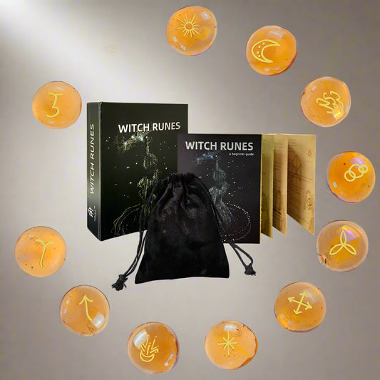 Witch Runes set with stones, books, and a drawstring bag on a white background