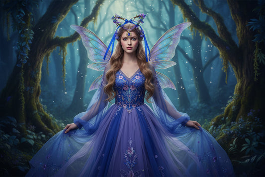 Decorative headpiece with blue ribbons and floral elements on a white background