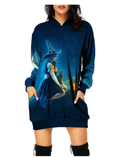 Navy blue hoodie with a witch graphic on a white background