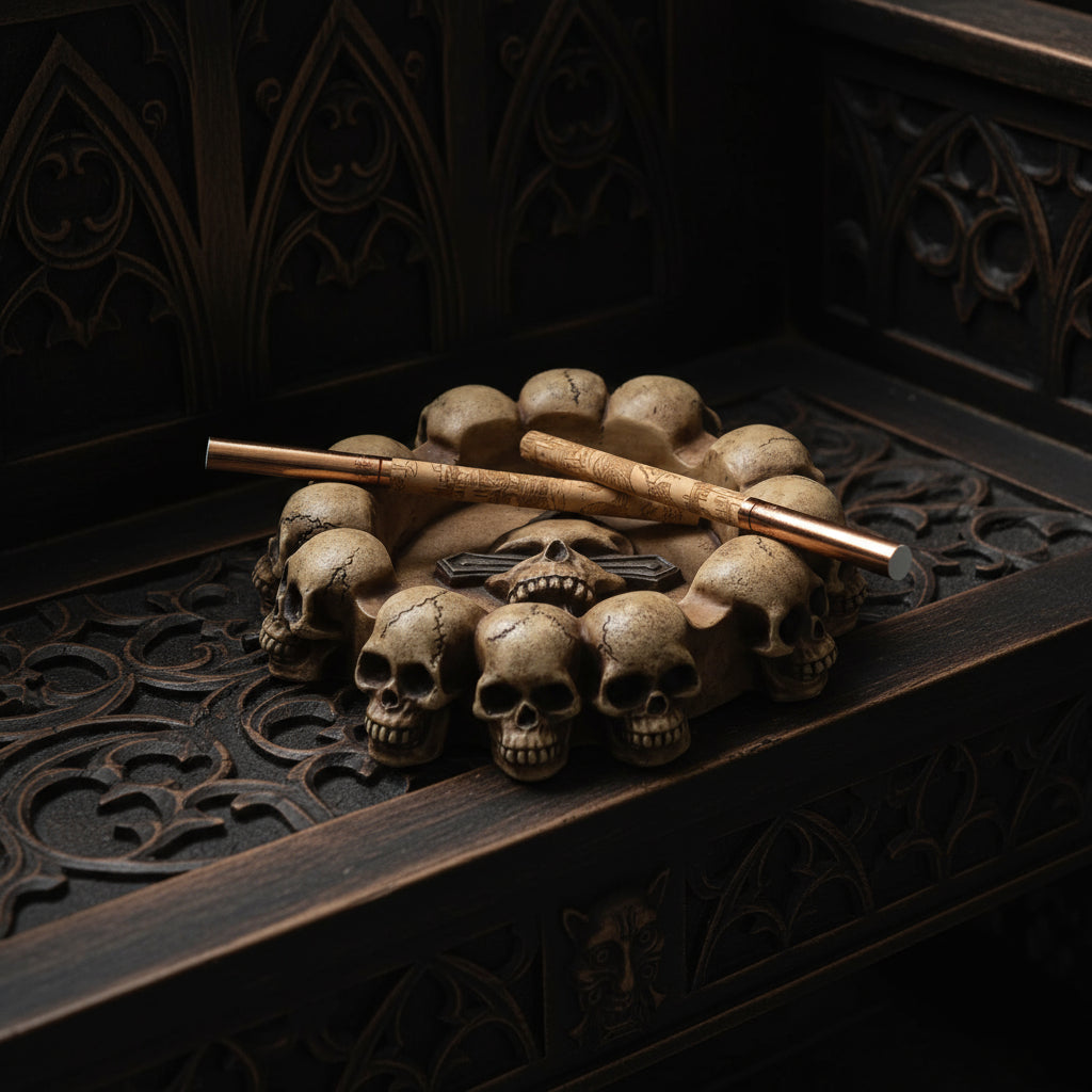 Decorative ashtray with skull design and two gold sticks on a white background