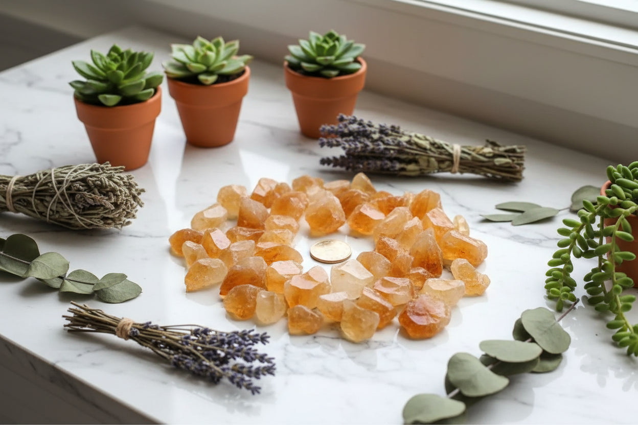 Close-up of amber-colored crystals with a coin for scale, set against a white background.