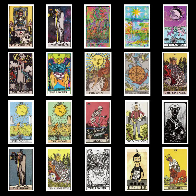 Collection of tarot cards displayed in a grid on a black background