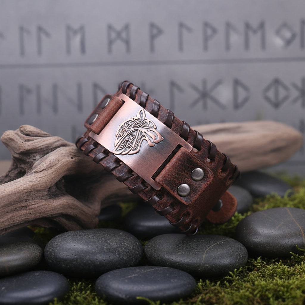 Brown leather bracelet with metal wolf emblem on a white background