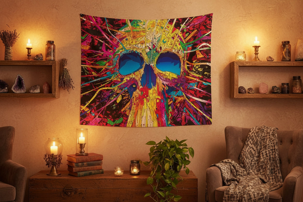 Colorful skull design tapestry with vibrant colors on a black background