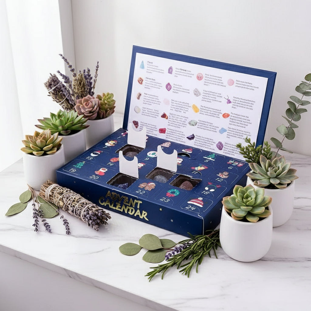 Open advent calendar showing numbered compartments with Christmas-themed items on a white background.