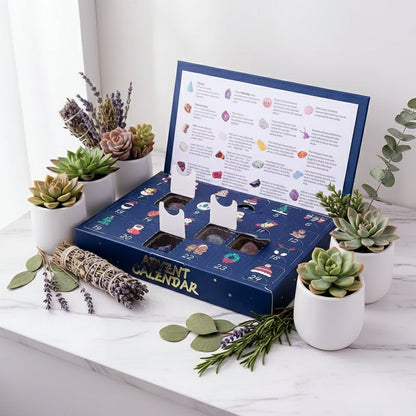 Open advent calendar showing numbered compartments with Christmas-themed items on a white background.