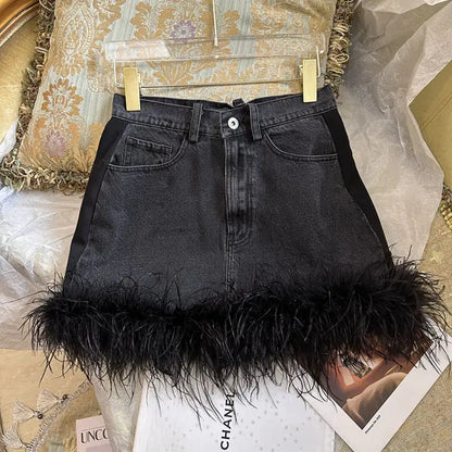 Black Denim Skirt | Ostrich Hair Trim