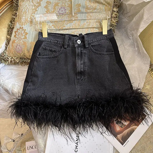Black Denim Skirt | Ostrich Hair Trim