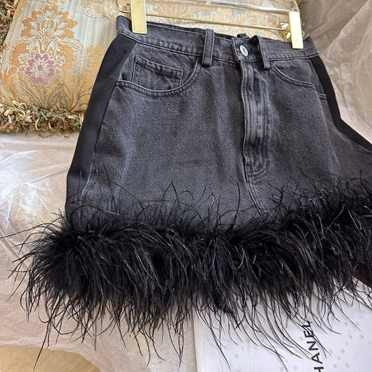 Black Denim Skirt | Ostrich Hair Trim