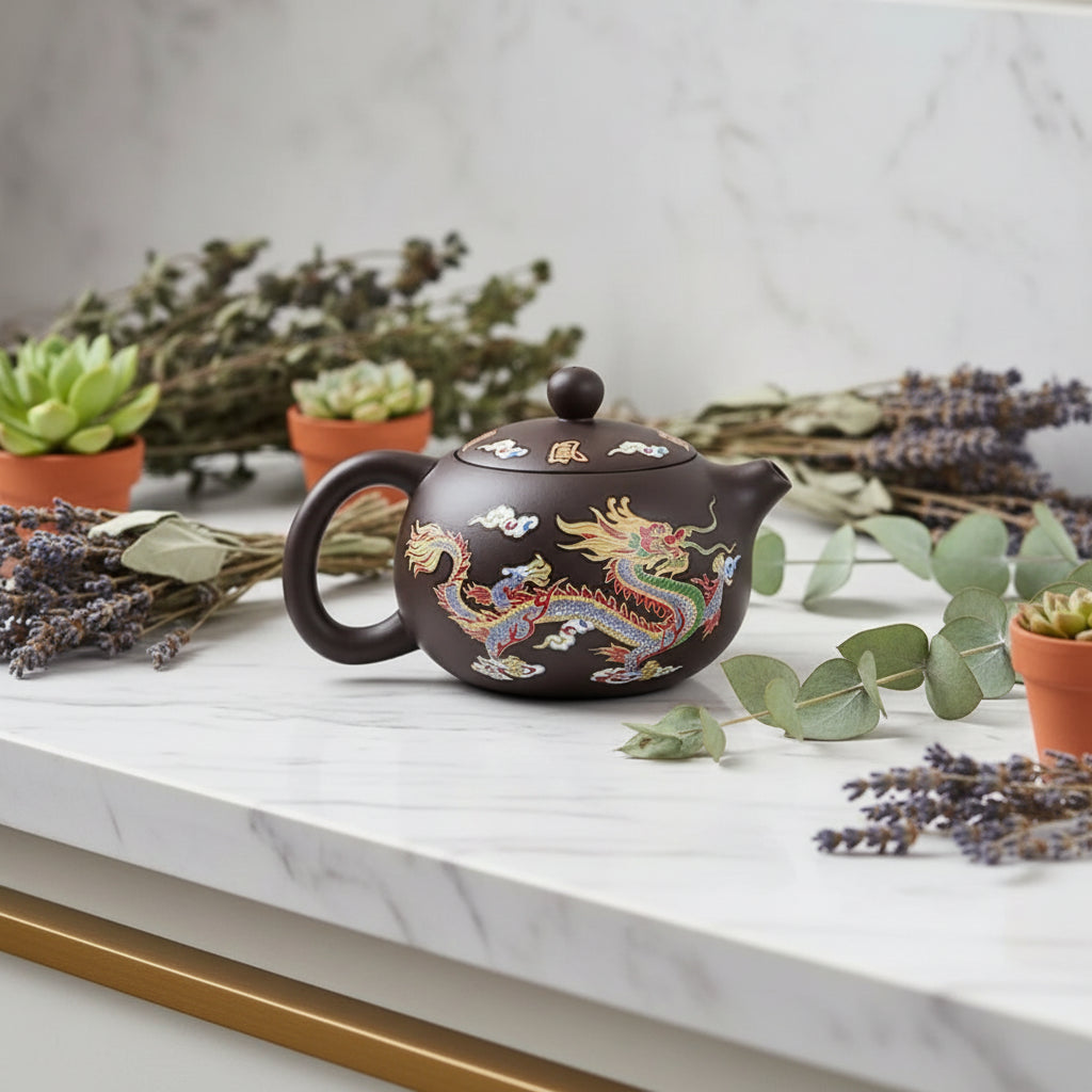 Dragon and phoenix teapot with color-changing feature on a dark background