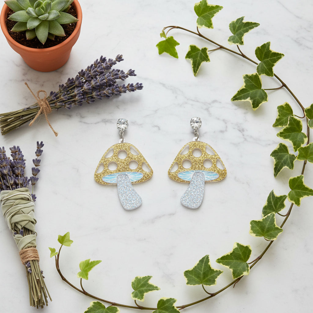Mushroom-shaped earrings with gold and blue glitter on a white background