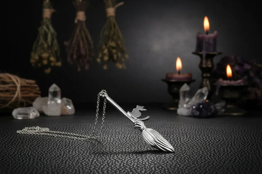 Cat Broom Necklace - Sorceress Sanctuary silvery