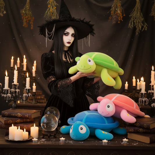 Woman holding a green plush turtle with more turtles on a table in a cozy room.