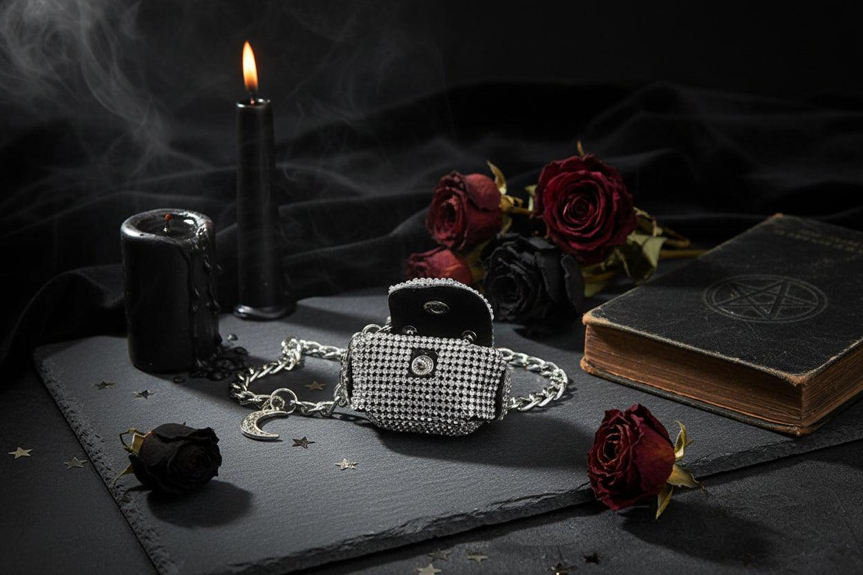 Black clutch with silver rhinestone embellishments on a white background