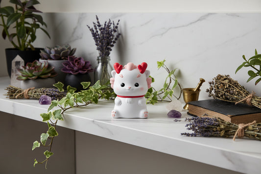 Cute cartoon cat figurine with red bows on a white background