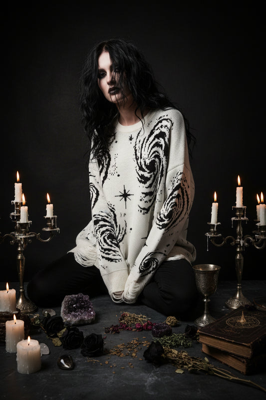 White sweater with black spiral pattern on a white background