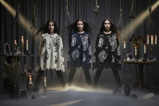 Three sweaters with galaxy pattern on a white background