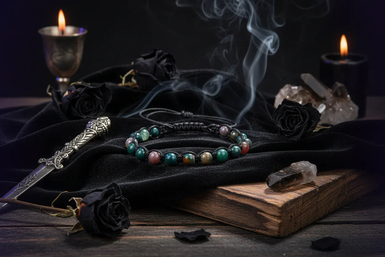 Crystal Beaded Bracelet - Sorceress Sanctuary Phoenix Blue Gold-Volcanic Rock-Haematite-Tree Pattern Agate-Rose Stone