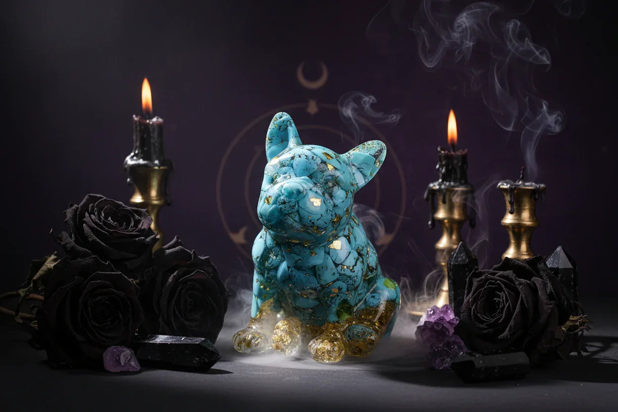 Crystal Bulldog - Sorceress Sanctuary White Crystal-Watermelon Crystal-Tiger's Eye-Aquamarine treasure-Deep Sea Caterpillar