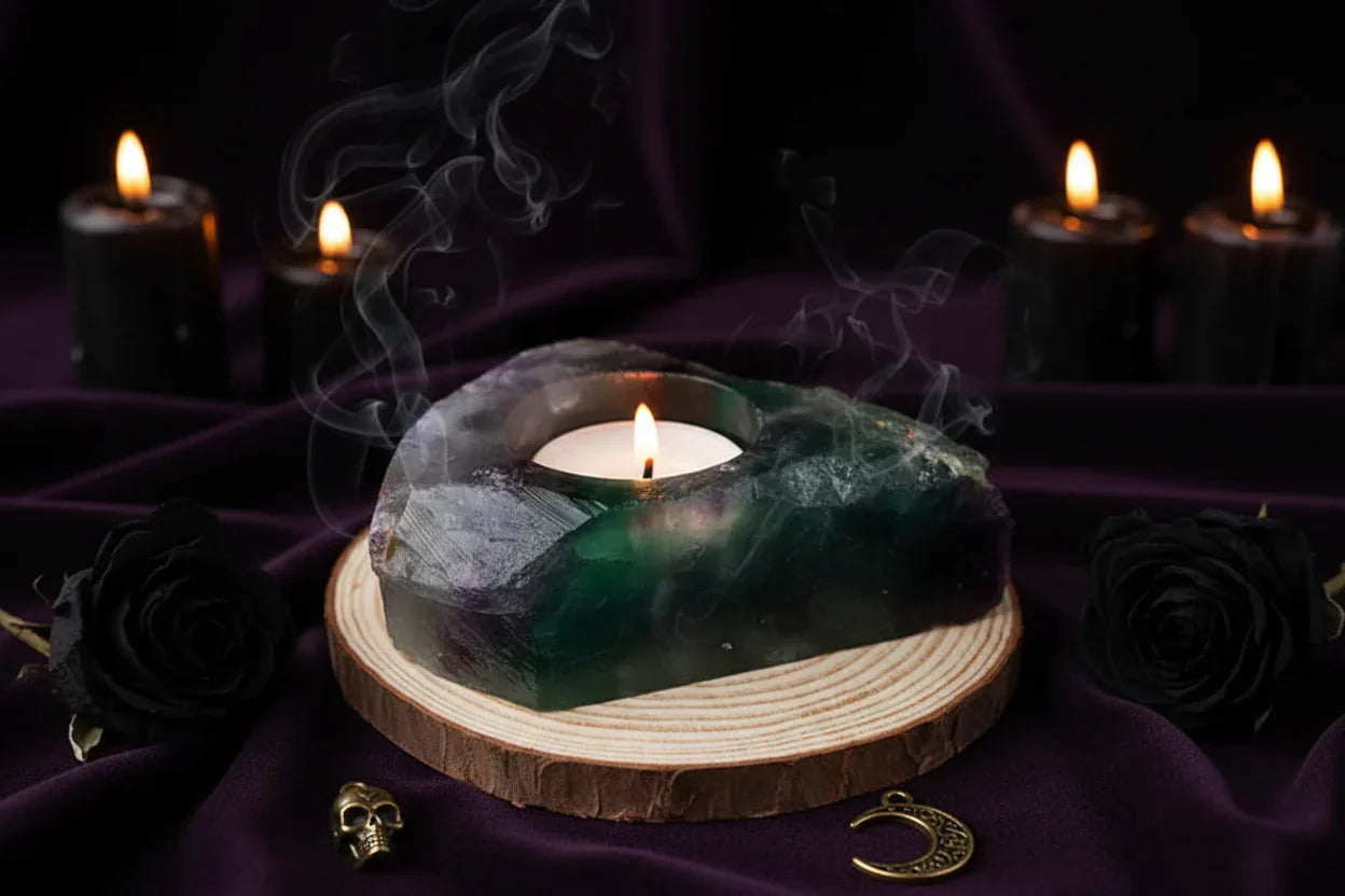 Crystal Candle Holders - Sorceress Sanctuary Tiger's Eye Candlestick-Pink crystal candlestick-Fluorite Candlestick-Green Fluorite Candlestick-Peach Blossom Stone