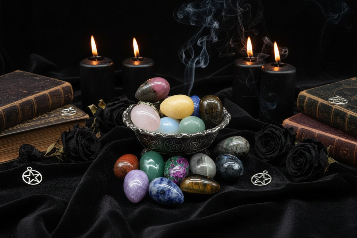 Crystal Eggs - Sorceress Sanctuary White crystal-Amethyst-Tiger Eye Stone-Blue Dot Stone-Onyx