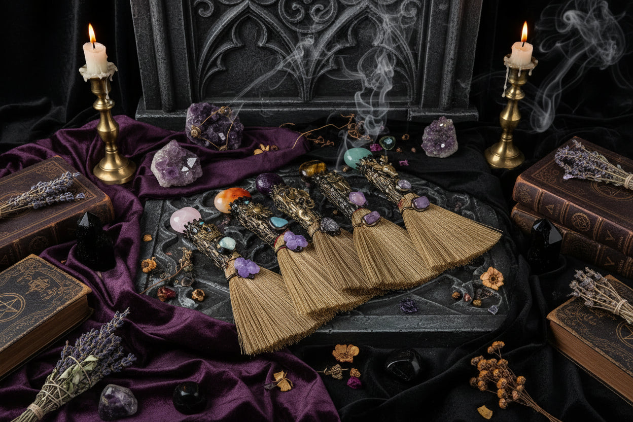 Crystal Enchanted Broom - Sorceress Sanctuary Aventurine / One Size-Amethyst / One Size-White Crystal / One Size-Red Agate / One Size-Obsidian / One Size